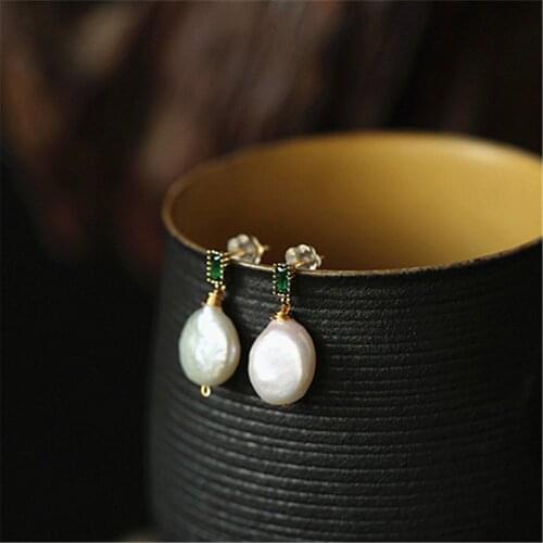 Handmade Natural Freshwater Irregular Baroque Pearl Pendant Stud Earring for Women Green Artificial Zircon Party Wedding Jewelry