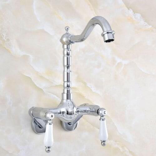 Silver Chrome Brass Wall Mounted Double Handles Bathroom Kitchen Sink Faucet Mixer Tap Swivel Spout - Adjusts From 3-3/8" aqg205