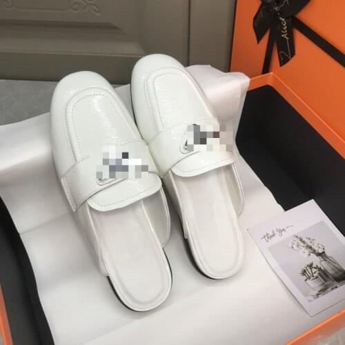 Flats Slippers Women Outdoor Home Slipper 2021 Summer Genuine Leather Lazy Flat Sandals Half Slippers Single Shoes White Slides