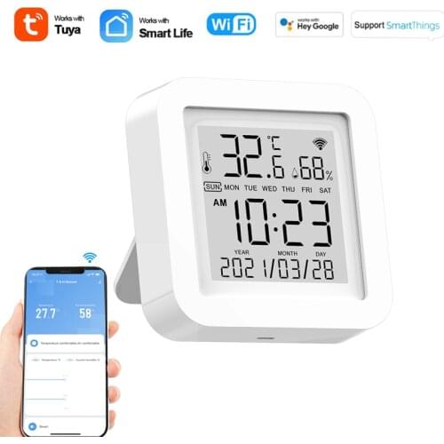 Tuya Smart WiFi Temperature Humidity Sensor USB Hygrometer Thermometer LCD Display with Clock and Date Support Alexa Google Home