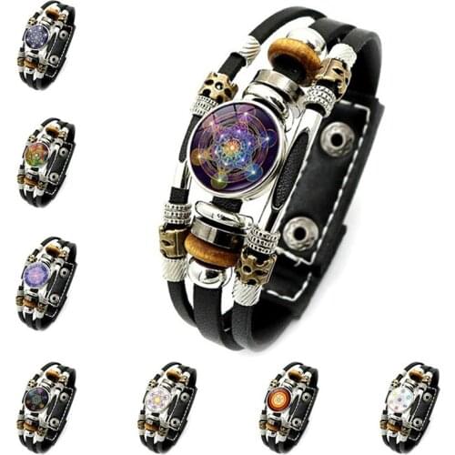 Mysterious Metatron Cube Vintage Bracelet Sacred Geometry Flower of Life Snap Button Multilayer Punk Leather Bracelet Wholesale