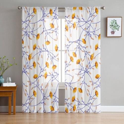 Vintage Flower Small Yellow Flower Plant Leaf Autumn Tulle Curtain Voile Transparent for Bedroom Living Room Sheer Curtains