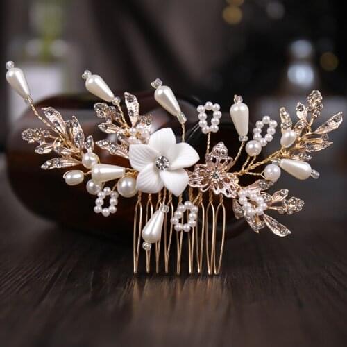 Pearls Wedding Hair Accessories Flowers Crystal Tiaras Hair Jewelry Gold Vintage Women Hair Jewelry Head Vines Clips Headpiece