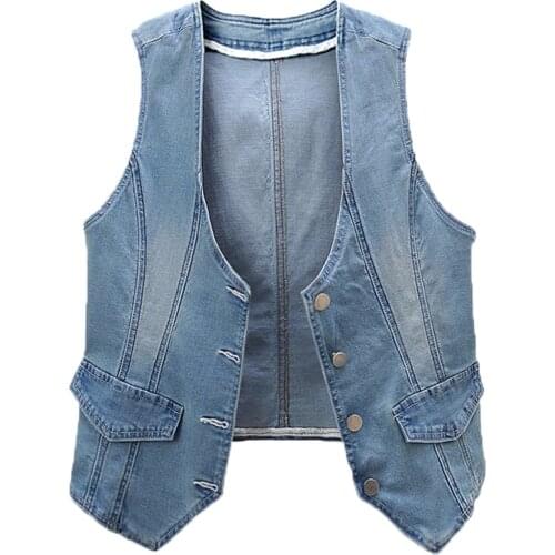 Plus Size Stretch Denim Vest Womens Short 2021 Spring Autumn V-Neck Slim Waistcoat Jacket Blue Sleeveless Outerwear Female