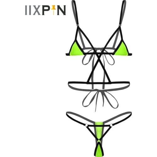 Womens Erotic Lingerie Set Strappy Lace-Up O-Ring Connected Bikini Suit Adjustable Spaghetti Strap Bra Tops with G-String Briefs