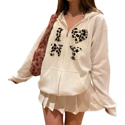 Women Loose Cardigan Autumn Sweatshirts Adults Leopard Letter Pattern Long Sleeve Hoodie with Pocket Drawstring