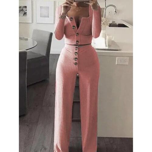 Women Fashion Tracksuits Sets Casual Square Collar Long Sleeve Buttons Sexy Short Cardigan Tops And Slim Long Pants Knitted Suit