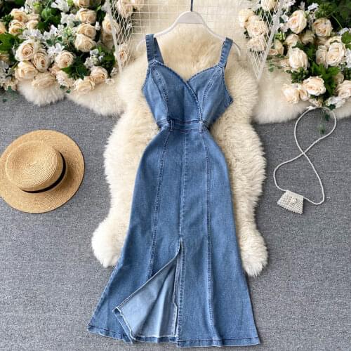 2021 New Summer Fashion Long Denim Woman Dress Sexy V-neck Tube Strap Mermaid Sleeveless Slim Split Cowboy Fishtail Dresses