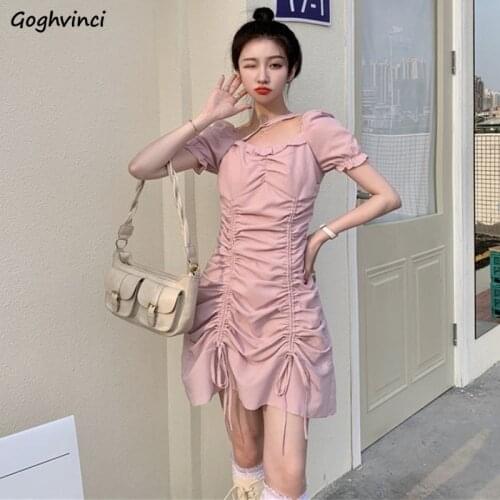 Pink Sexy Short Sleeve Dress Women Shirring Slender Puff Sleeves Sweet Elegant Tender Streetwear Folds Summer Bodycon Vestidos