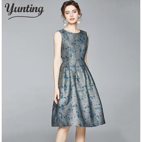 2021 Spring Fall New Temperament High-end Green Jacquard Print Sleeveless Tank Dress Retro Ladies Dress