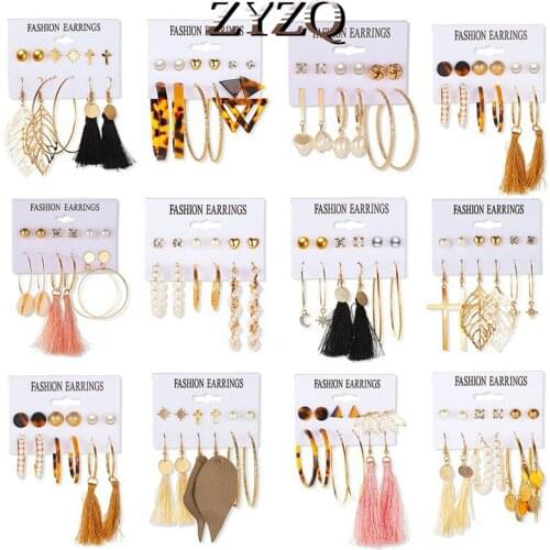ZYZQ 6Pairs/Set Big Circle Hoop Earrings For Women Bohemian Acrylic Pearl Maxi Tassel Stud Earrings Set 2020 Statement Jewelry