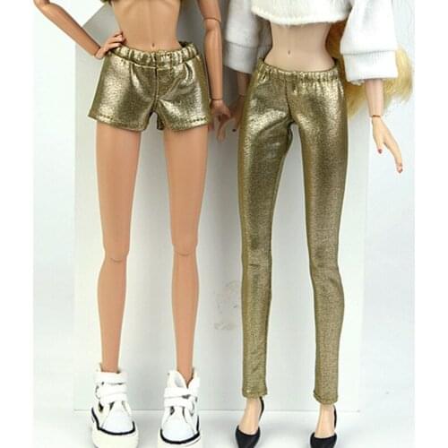 2 pairs/lot Gold Elastic PU Leather Trousers Pants Shorts for Barbie Doll Clothes Outfits Bottoms 1/6 BJD Dollhouse Accessories