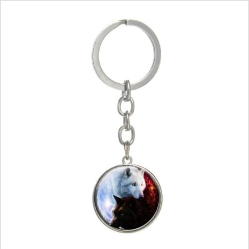 2019 New Fashion Charm Tai Chi Yin Yang Black and White Wolf Glass Keychain cute keychain