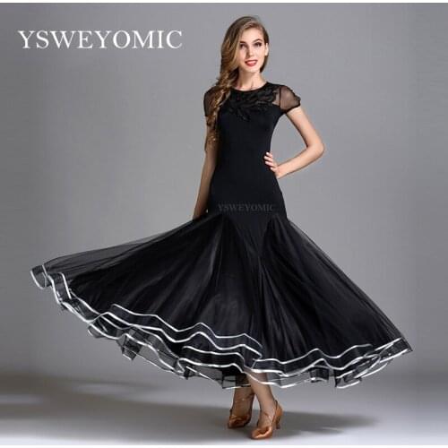 2019 YSWEYOMIC Black Modern Skirt Slimmer at the Waist Ballroom Dance Dress National Standard Waltz Tango Competition Costume Ballroom Dress for Women Spanish
