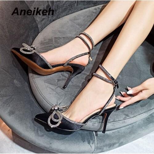 Aneikeh 2021 New Shoes Spring/Autumn Sequined Cloth Thin Heels Pumps Pointed Toe Buckle Strap Slingbacks Wedding Butterfly-Knot