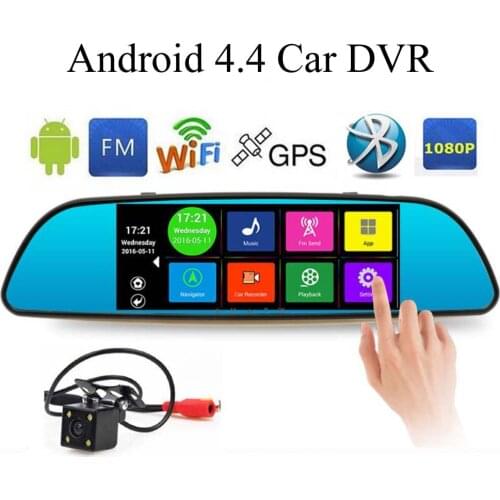 Bluetooth WIFI Camera Rearview mirror 7 inch Special Android 4.4 Car DVR Full HD 1080P FM Map Free Update ROM 16GB Dual Lens