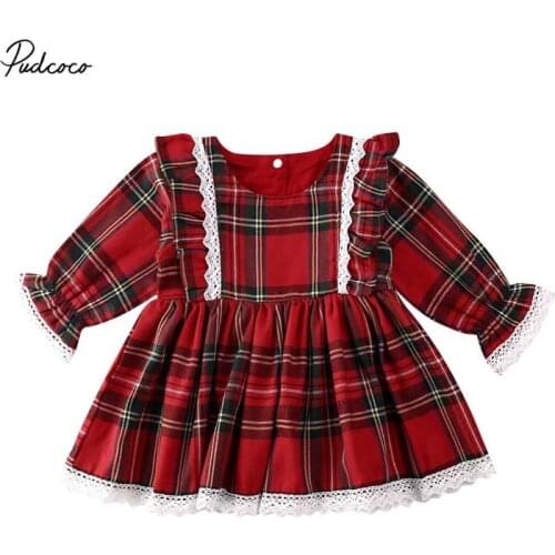 2021 Baby Spring Autumn Clothing Christmas Toddler Infant Baby Girl Xmas Long Sleeve Lace Tutu Checked Bouffant Dress 1-6T