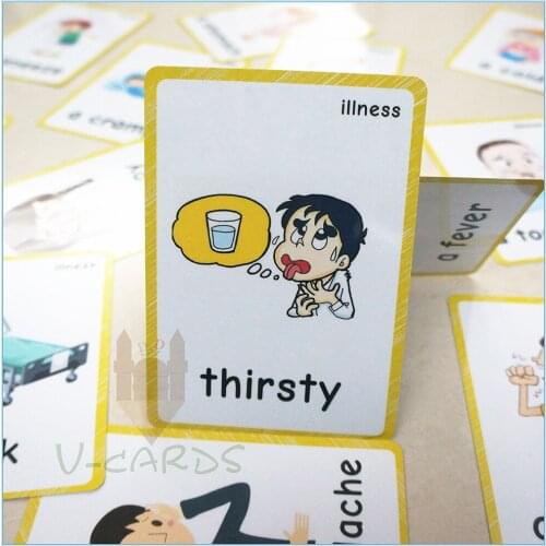 14pcs Illness Expression English Flashcards Preschool Cognitive Education Toy Montessori Baby Learning Word Cards For Children