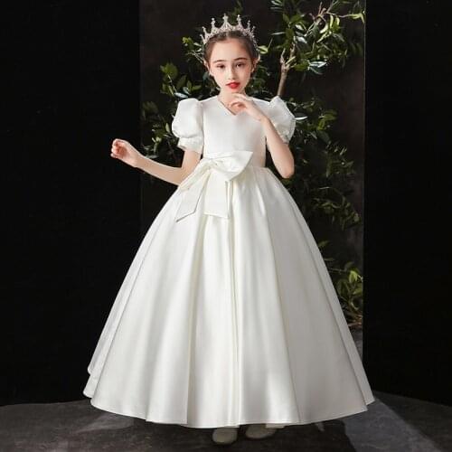 Flower Girl Dresses Illusion Elegant Short V-Neck Princess Luxury Burgundy Floor-Length Bow Lovely Jersey Kids Party Gown H219