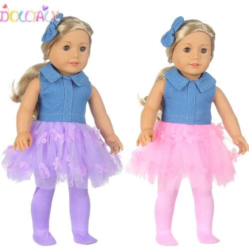 Denim Skirt 43cm Fashion Denim Dress With Bow Hair Clip Set Suit Fit For 17,18Inch Dolls Doll Clothes Out Fit For American Doll