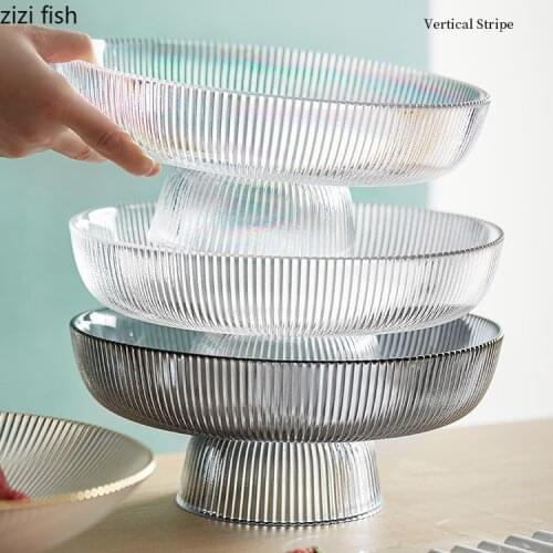 European Transparent Striped Glass Fruit Bowl Household High-foot Drain Fruit Bowl Round Storage Container Kitchen Utensils New