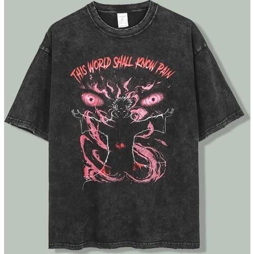 Harajuku Anime Pain Printed Retro Washed T Shirt Men Hip Hop 100% Cotton Tees 2021summer Streetwear Demon Print Loose T-shirts