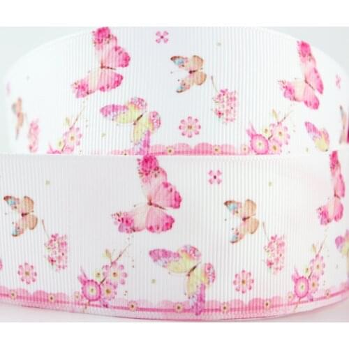 White pattern pink butterfly flower printed polyester grosgrain ribbon 38mm decorative ribbons and DIY handmade hair bows