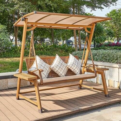 3 seats 2 seater aluminum garden swing chair PC board canopy hammock with solar LED light and cushions ,woodlike color