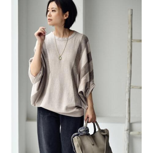 MICOCO Z8922C Leisure art color stripe design loose bat sleeve pure cotton round collar knit