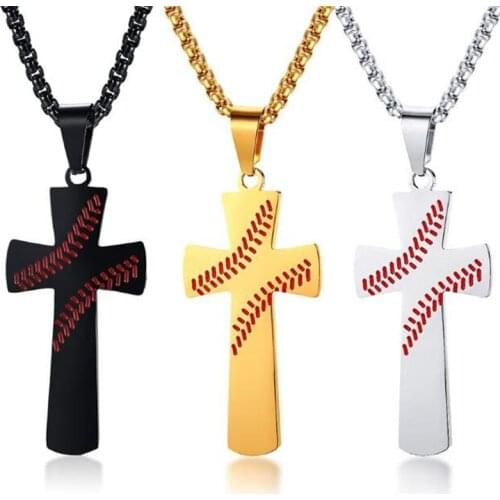 Fashion Simple Baseball Pattern Cross Stainless Steel Pendant Necklace Mens Trendy Hip Hop Jewelry