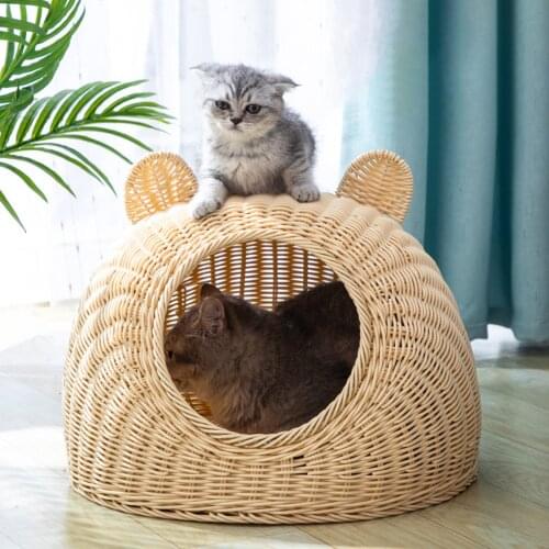 Washable Cat Bed Semi-Closed Flat Bottom Indoor Nest Play House Dome Cage