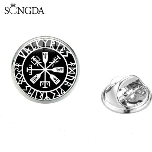 Viking Compass Norse Runes Men Lapel Pin Art Picture Glass Dome Zinc alloy Pins Cool Vegvisir Badge Fit Clothes Bags