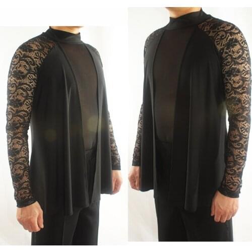 Men Black/Brown Latin Dance Top For Adult Dance Costume Lace vs Gauze Ballroom Dance Wear Professional Men Latin Tops VDB633