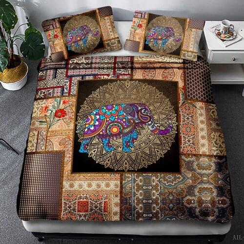 Bohemian Elephant Duvet Cover Mandala Decor Bedding Set 2/3pcs Boho Exotic Style Adult Women Boho Tribe Animal Theme Pillowcase