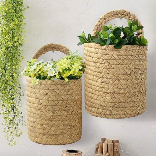 Wall Hanging Baskets Flower Pot Plant Hanger Seagrass Wicker Toy Woven Handmade Wall-mounted Basket Storage Rack Garden Pot