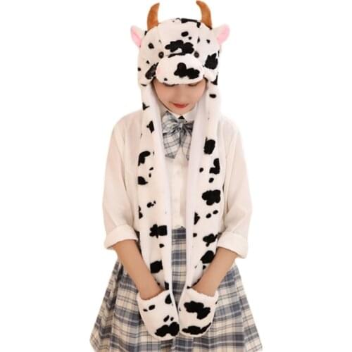 2021 New Kids Cute Cow Animal Plush Hat with Moving Ears Fluffy Warm Earflap Cap Scarf