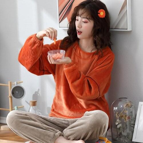 Pyjamas Women Warm Flannel Pajamas Set Long Sleeved Nightwear Lounge Set Thick Coral Velvet Home Suit Autumn Winter Pijama Mujer