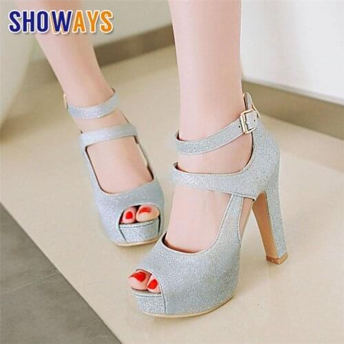 Silver Gold Women Platform Sandals High Heel Pink Glitter PU Wedding Party Club Ladies Zipper Ankle Strap Gladiator Summer Shoes