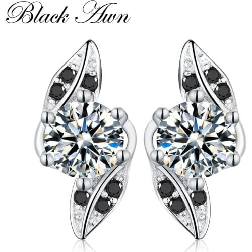 BLACK AWN Classic Stud Engagement Earrings for Women Topaz Black&White Stone Genuine 100% 925 Sterling Silver Jewelry T141
