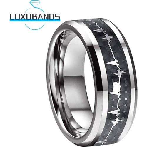 Tungsten Wedding Rings For Women Men 8MM Enagement Heartbeat Beveled Edge Black Carbon-Fiber Inlay Polished Finished Comfort Fit