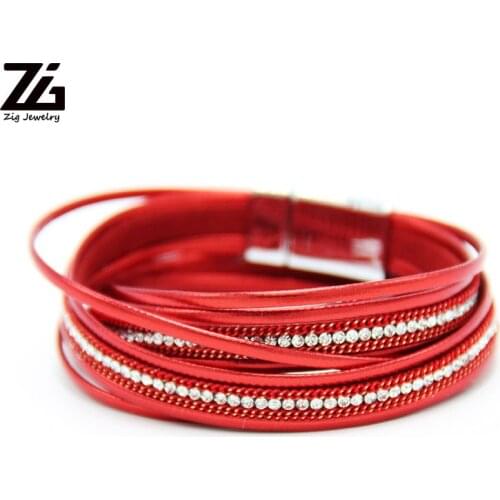 ZG Multilayer Leather Bracelets for Women Femme 6 Colors Magnet Clasp Crystal Bohemian Double Wrap Bracelet Jewelry
