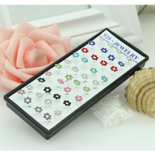 40pcs 925 sterling silver earrings Hollow out plum the crystal that mix colour silver earrings Plum blossom silver earrings