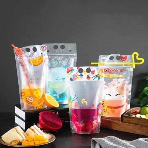5/10pcs Water Bottle with Straw Plastic Outdoor DIY Storage Camping Coffee Fruit 350ml Animal Wide Mouth Sport Water Liquid Bag