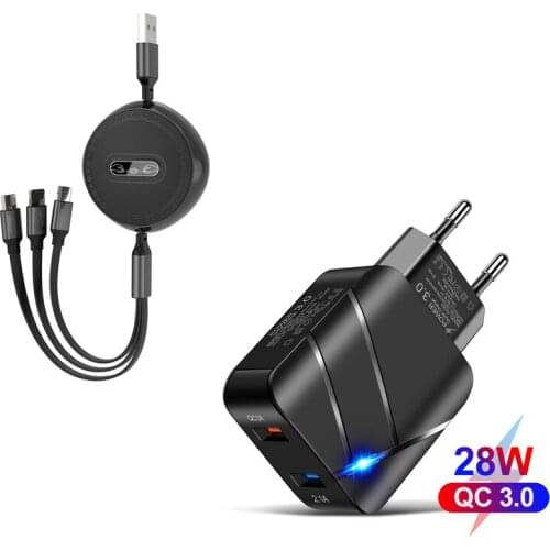 AC/DC Adapter 5V Mobile Phone Charger QC 3.0 Quickly Charger Illumination For Iphone Samsung With 3 IN 1 Phone Charger Cable