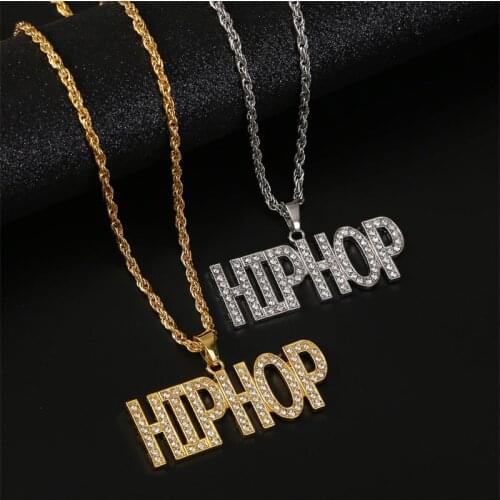 Punk Style Hip Hop Jewelry Women Men Rhinestone Letter Pendant Necklace 2020 Fashion Gold Silver Color Long Chain Necklace Gift