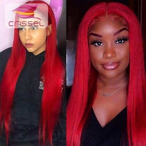 Crissel Red Color Straight 13X6X1 Lace Front Human Hair Wigs with Deep Part Highlight Red Pink Yellow Brazilian Remy Human Hair
