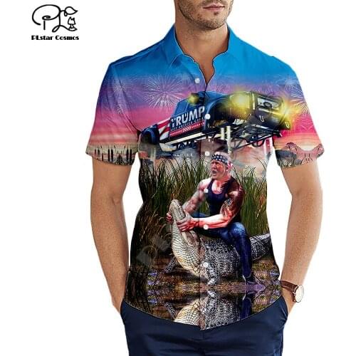 Hawaiian beach summer Fashion Short sleeve shirt Funny Trump Riding a crocodile Print 3d Mens Shirt Casual Harajuku Tee shirts