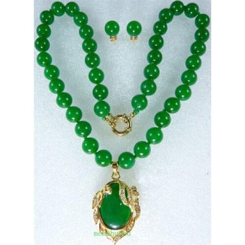 Noblest 10mm green jade necklace &18KGP pendant earring set