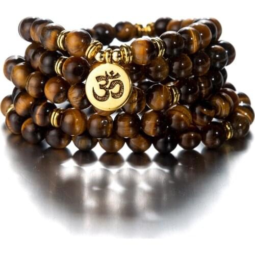 Brown Tiger eye Stones 108 Beaded Multi layer Wrap Bracelets Lotus OM Tree of Life Buddha Meditation Astronaut Yoga Jewelry