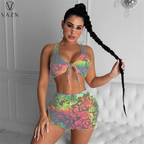 VAZN 2021 Summer Sexy Sleeveless Bandage Bodycon Print Bikini Beach Suits 2 Piece Set Women Top And Pant